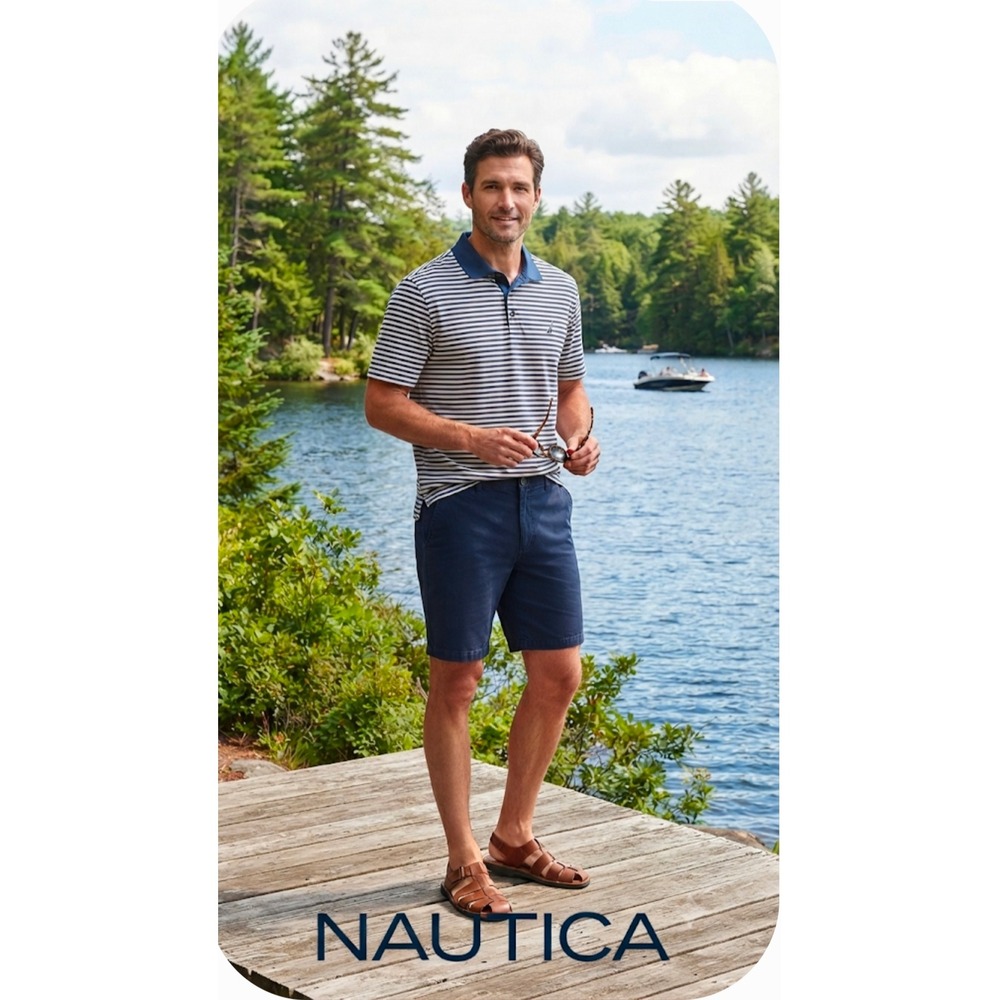 Nautica Mens XL Navy Blue White Striped Performance Polo Short Sleeve